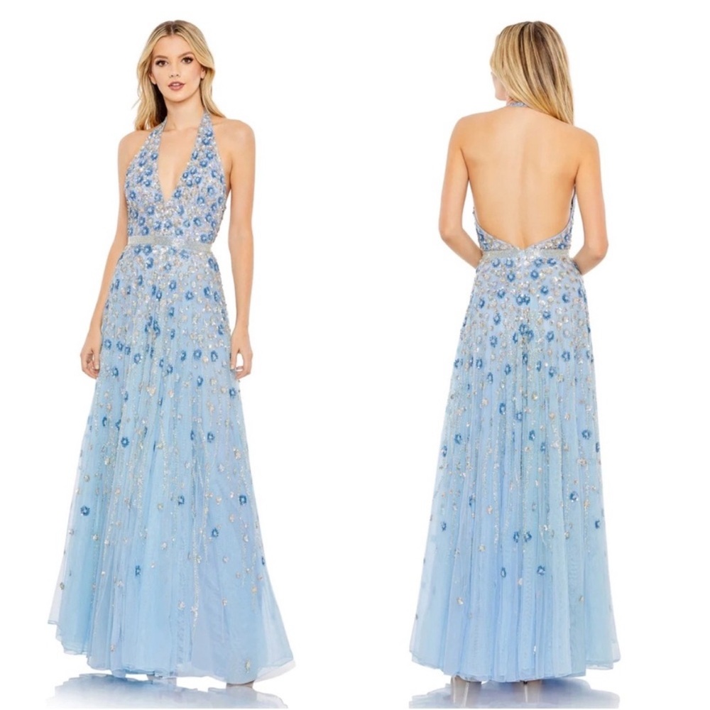 Mac Duggal Light Blue Embellished Halter Maxi Gown